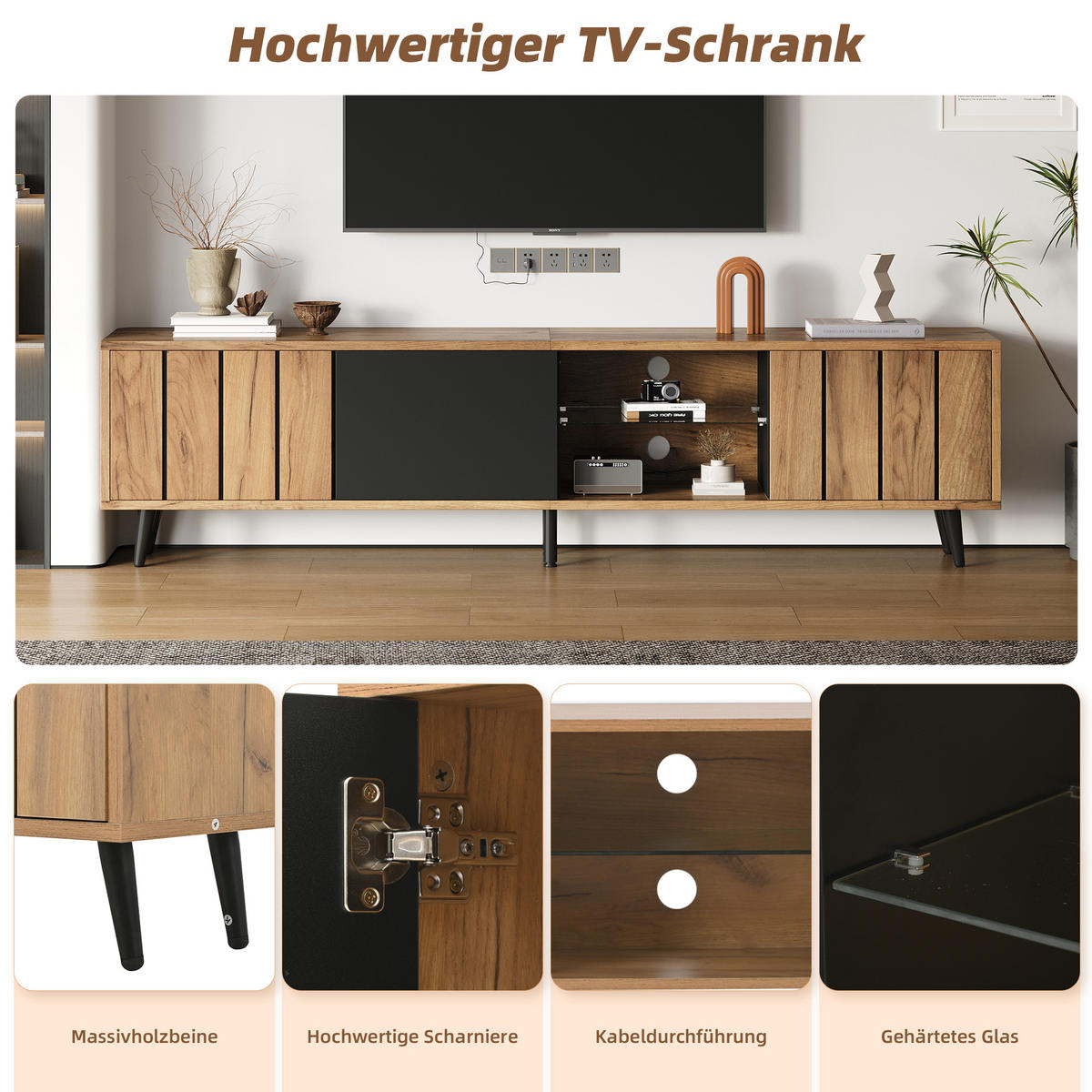 TV-LOWBOARD Holzoptik mit Türen und Fächern - Eichefarben, Holzwerkstoff/Metall (175/45/31.5cm) - Urban Meuble
