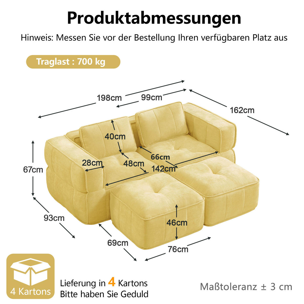 2-SITZER-SOFA DE-34428 modular mit 2 Hockern Gelb - Gelb, Textil (162/67/198cm) - ComfortXL