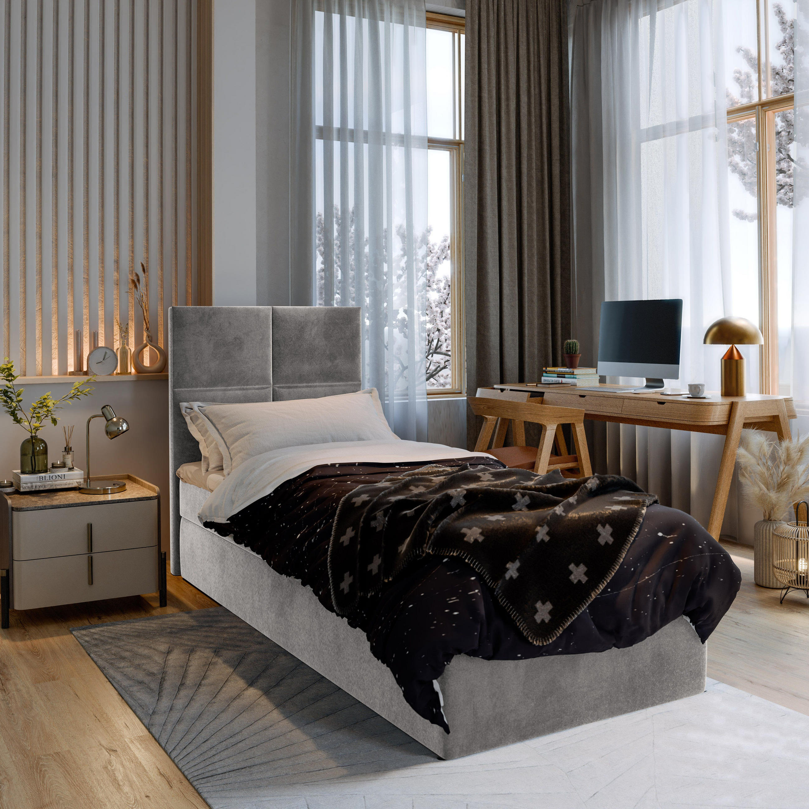 BOXBETT LENA 100 100x200 cm mit Matratze und Topper - Hellgrau - Hellgrau, Holz (100/200cm) - MASSENO