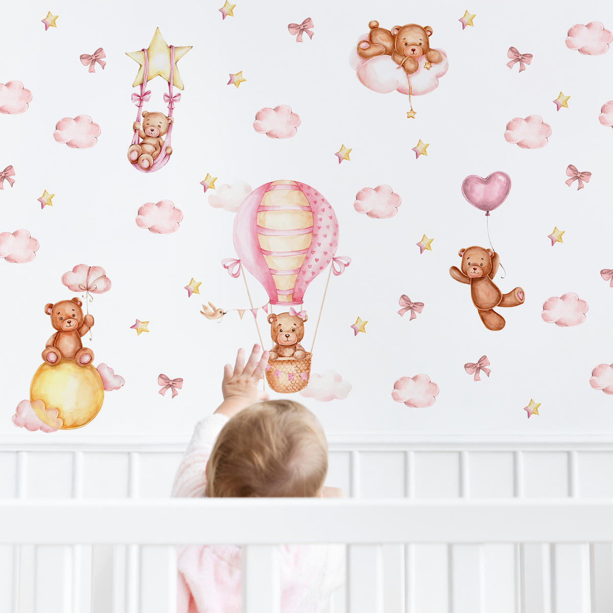 WANDSTICKER Teddybären rosa Wolken Sterne Ballons 60x30 - Gelb/Beige, Papier (60/30/1cm) - Muralo