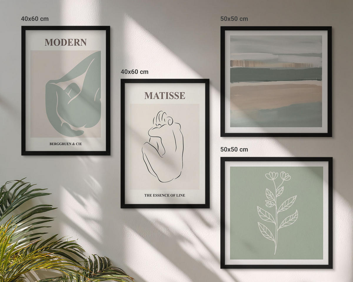 BILDER SET 4er Set - 50x50 cm & 40x60 cm Schwarzer Rahmen - Abstrakte Pflanzenformen - Schwarz, Kunststoff (50/50cm) - TULUP