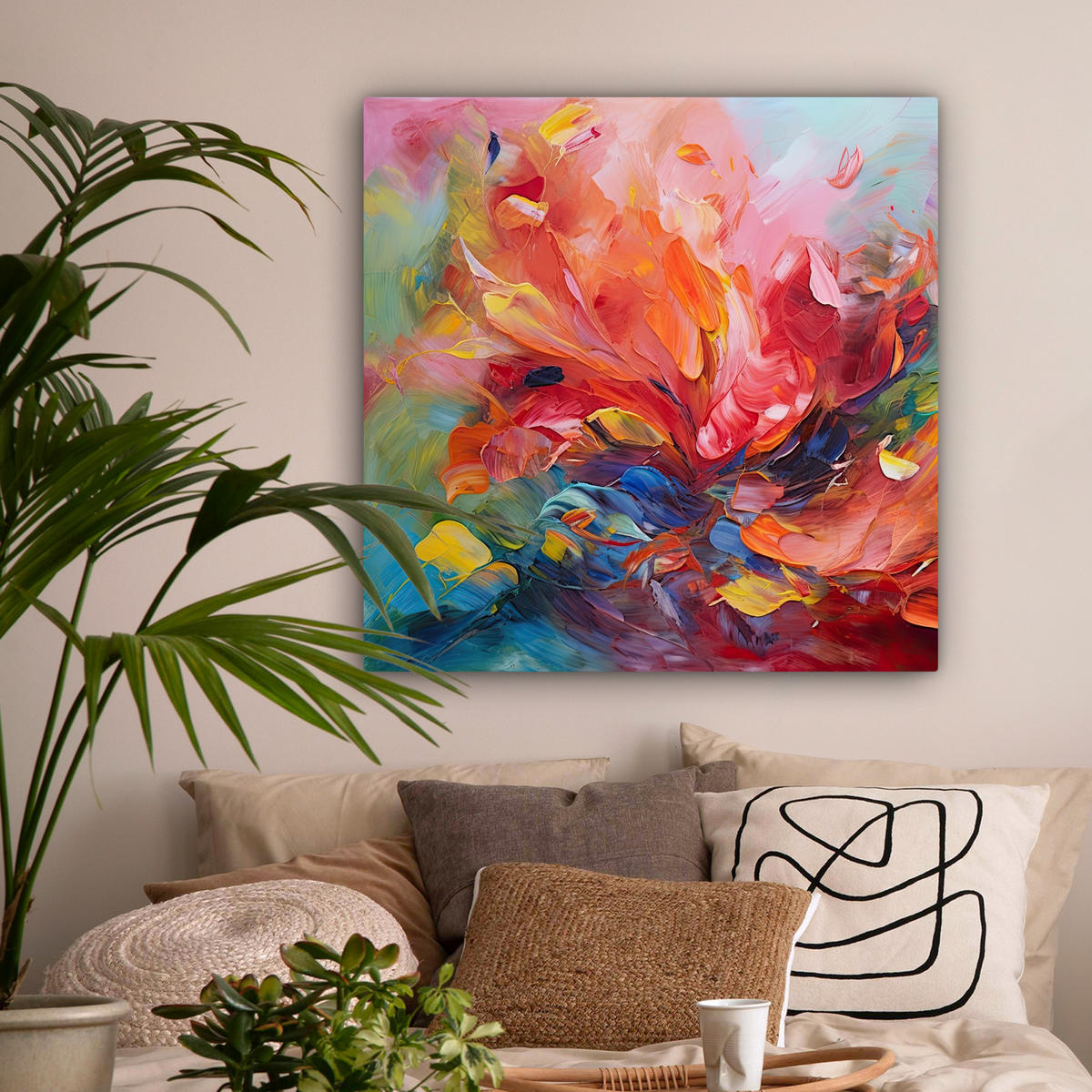 LEINWANDBILD Ölgemälde - Kunst - Abstrakt - Farbenfroh 90x90 cm - Altrosa, Textil (90/90cm) - MuchoWow