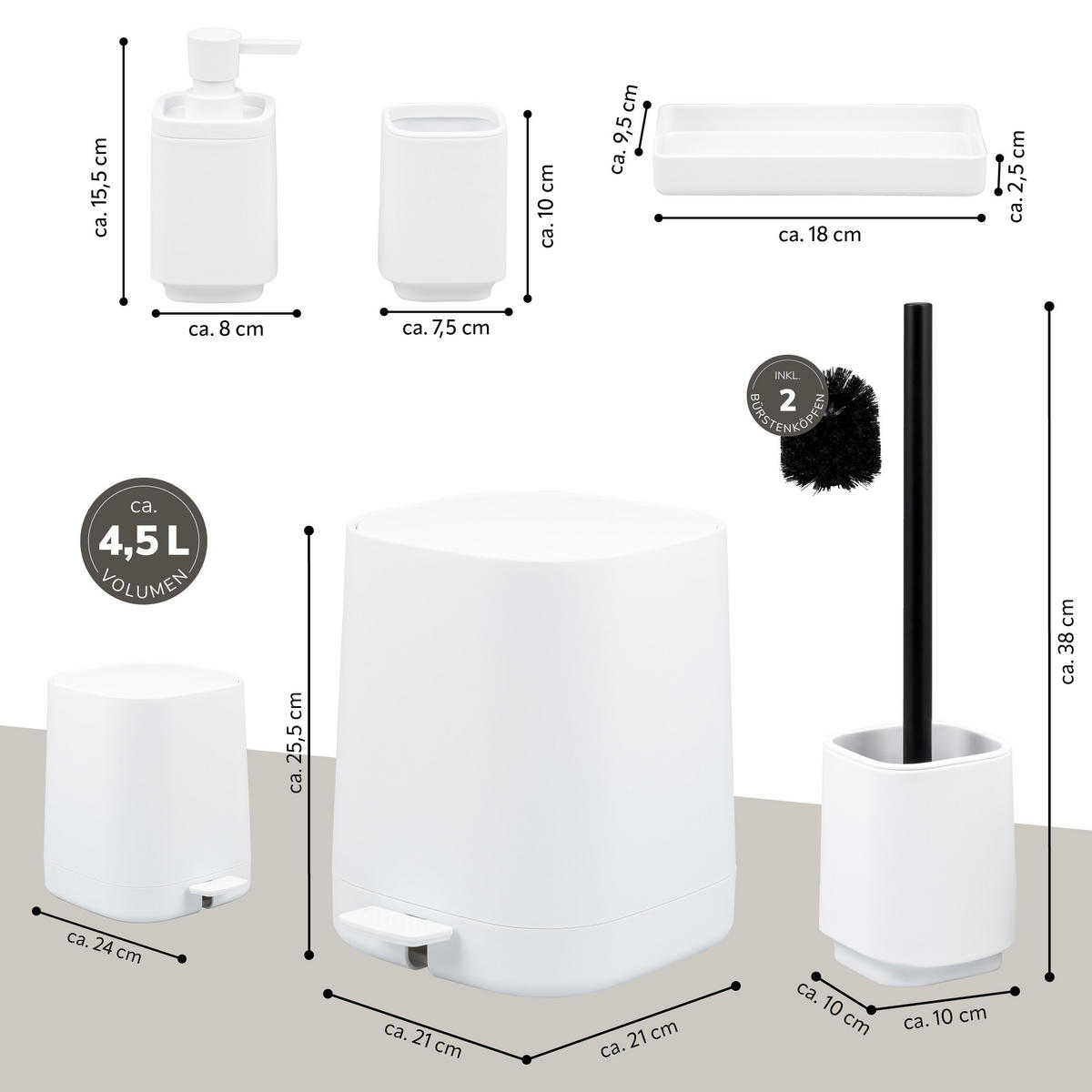 BAD-ACCESSOIRES-SET VALONA 5tlg., weiß, Kunststoff - Weiß, Kunststoff (21/25.5/21cm) - eluno