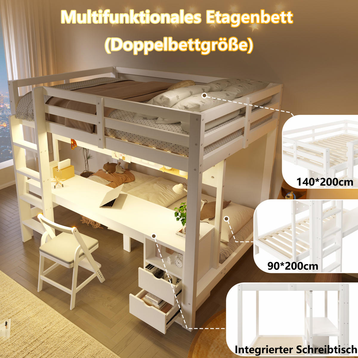 HOCHBETT 90/140/200 cm mit Schubladen, Schreibtisch und LED-Lichtleiste, Weiß/Natur - Weiß, Holz (90/200cm) - Redom
