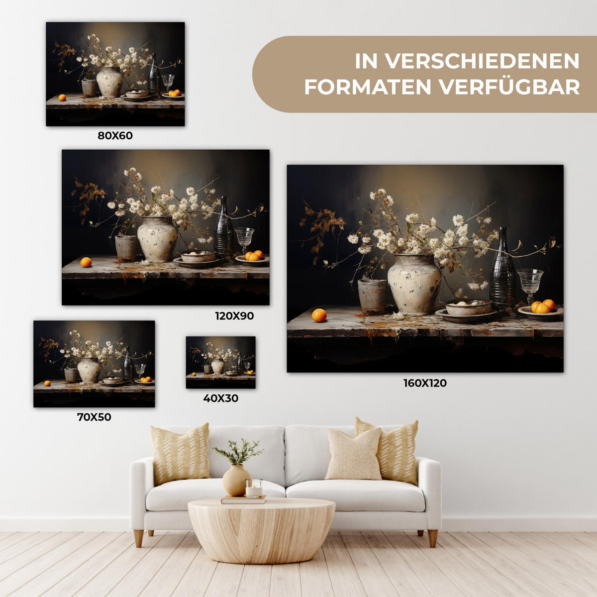 LEINWANDBILD Stilleben - Blumen - Blumenstrauß - Vase - Wein 40x30 cm - Schwarz, Textil (40/30cm) - MuchoWow