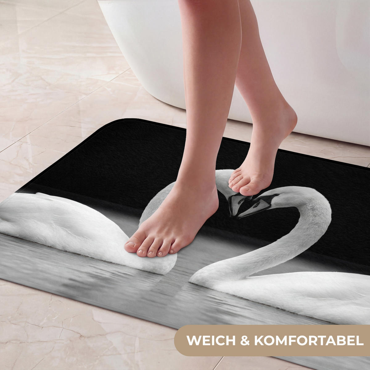 KOUPELNOVÁ PŘEDLOŽKA Labutě - srdce - černá - bílá 80x50 cm - černá, textil/plast (80/50cm)