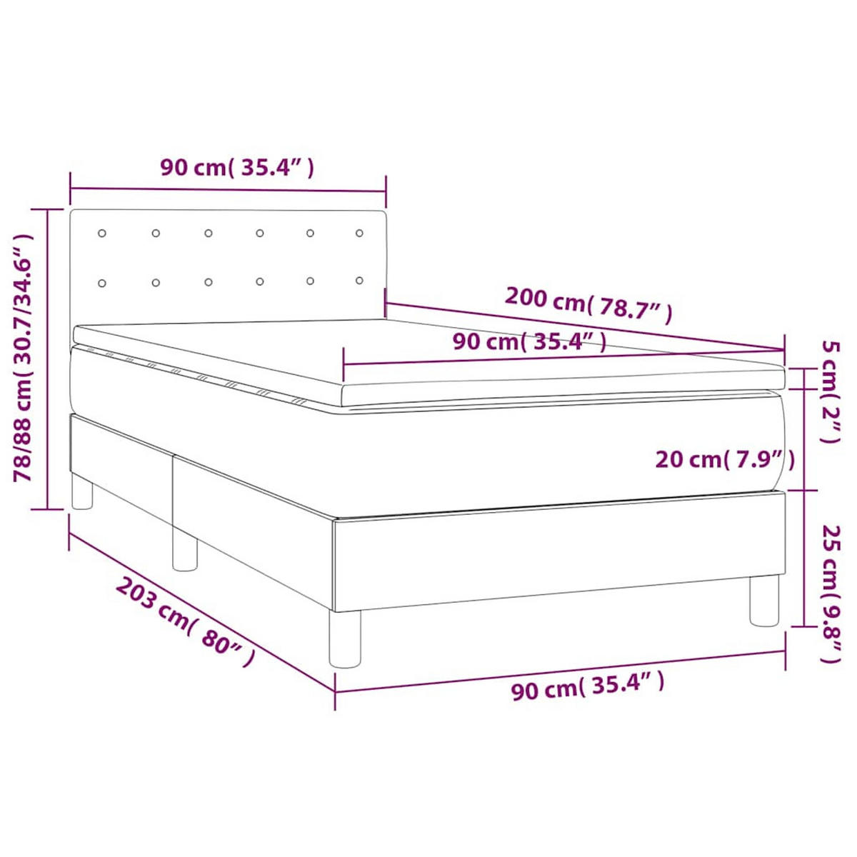 BOXSPRINGBETT 90/200 Cm Grau Samt - Dunkelgrau, Textil (90/203cm) - vidaXL