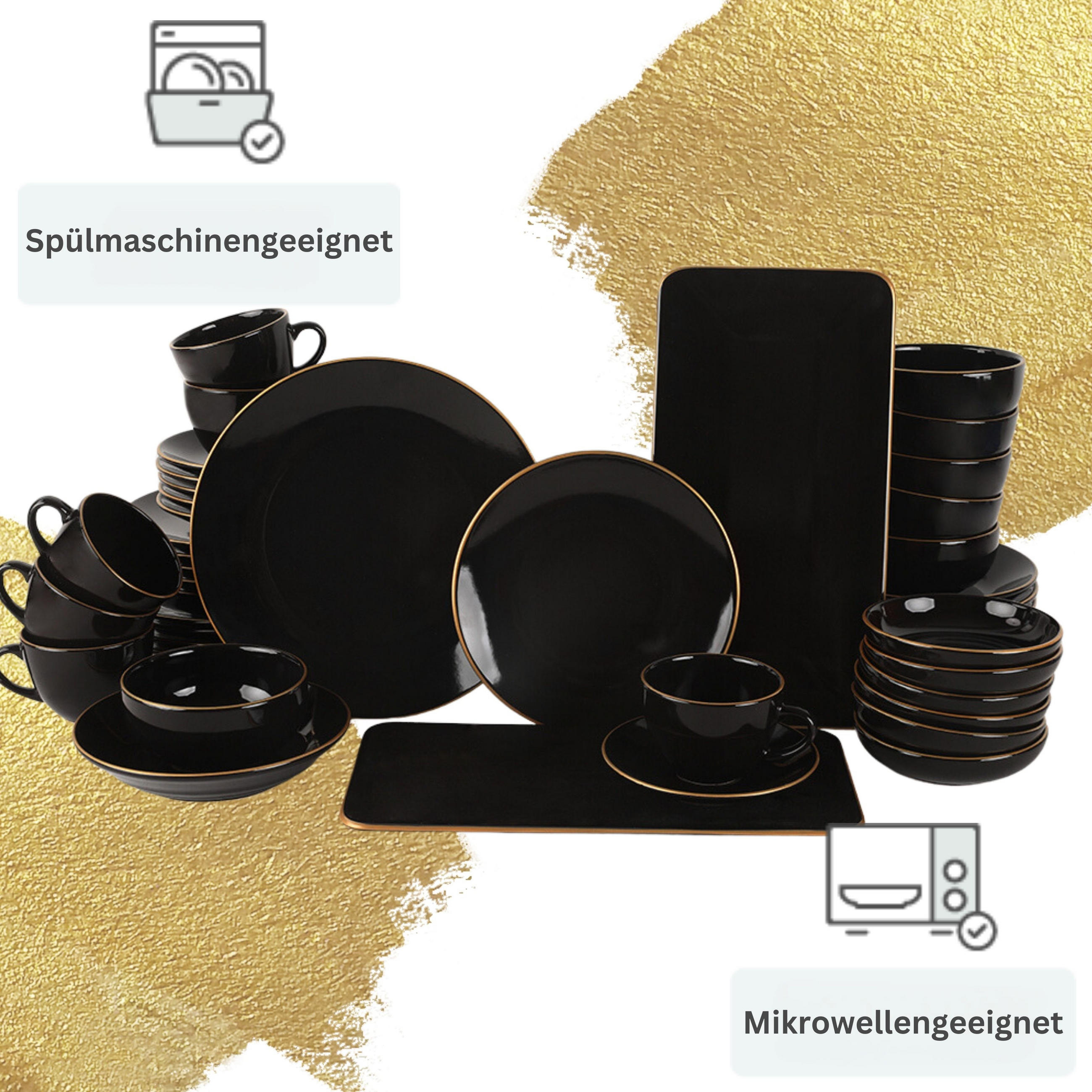 TAFELSERVICE Kombigeschirr 44 tlg. Geschirrset Goldline - Schwarz, Keramik (50/35/25cm) - Gowoll