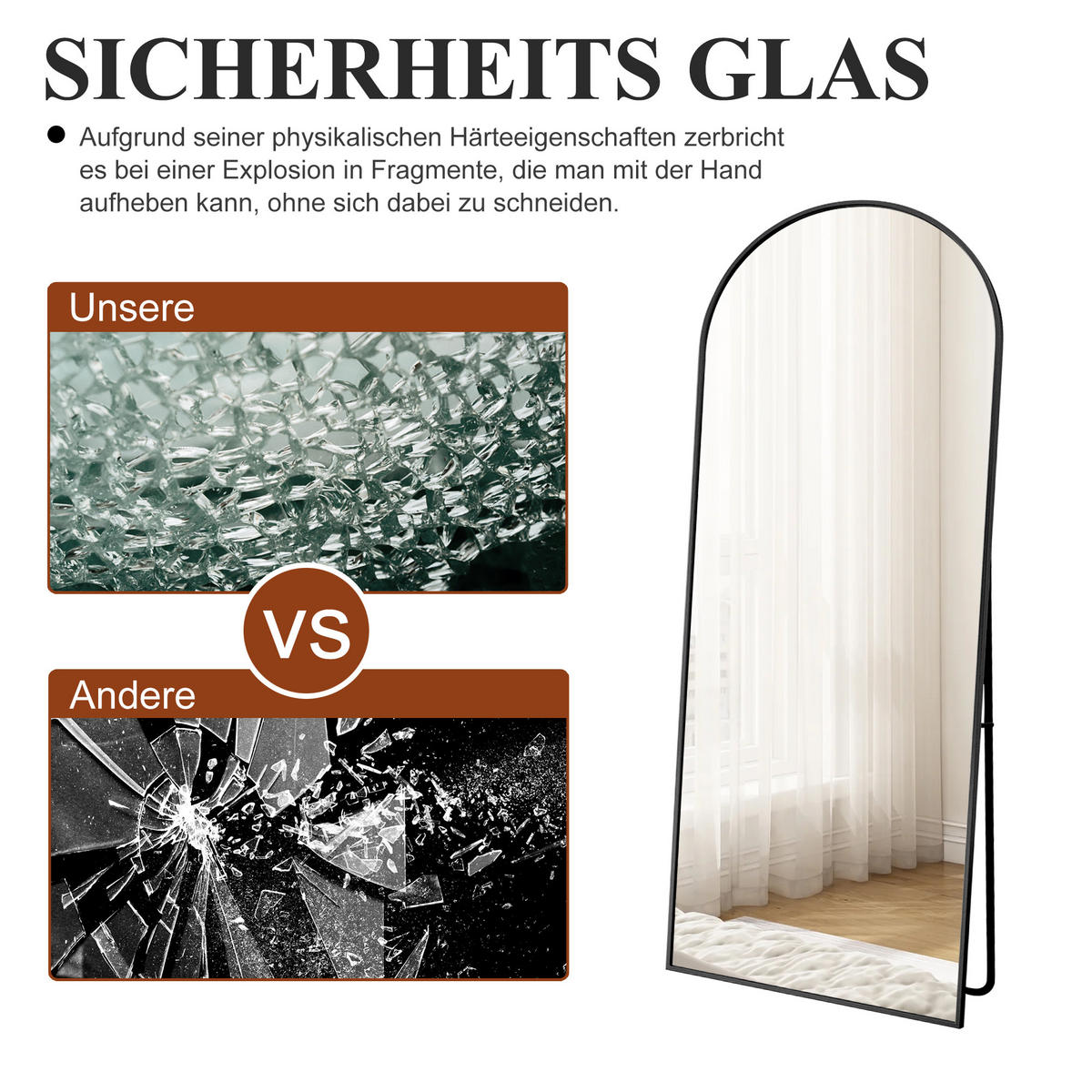 GANZKÖRPERSPIEGEL 63x173 cm, gebogener Aluminiumrahmen, freistehend/Wandmontage in Schwarz, für Wohn- & Schlafzimmer - Schwarz, Glas/Metall (63/2/173cm) - BRILVERDE