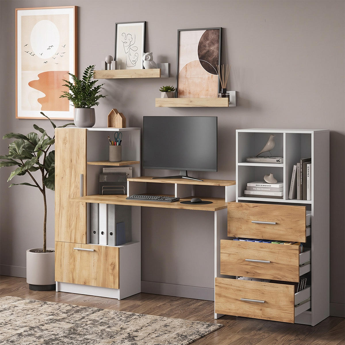 UNIVERSALSCHRANK Tomy, Weiß/Goldkraft Eiche, 60 x 120 cm mit 3 Schubladen - Honigeiche/Weiß, Holzwerkstoff (60/120/31.6cm) - Vicco