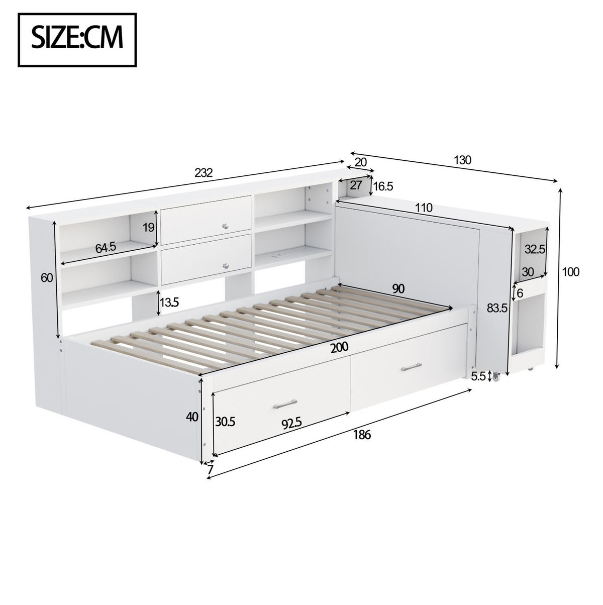 BETT 90/200 cm Weiß aus Holz mit Stauraum, Schreibtisch und USB-Anschlüssen - Weiß, Holz (90/200cm) - Flora Grace