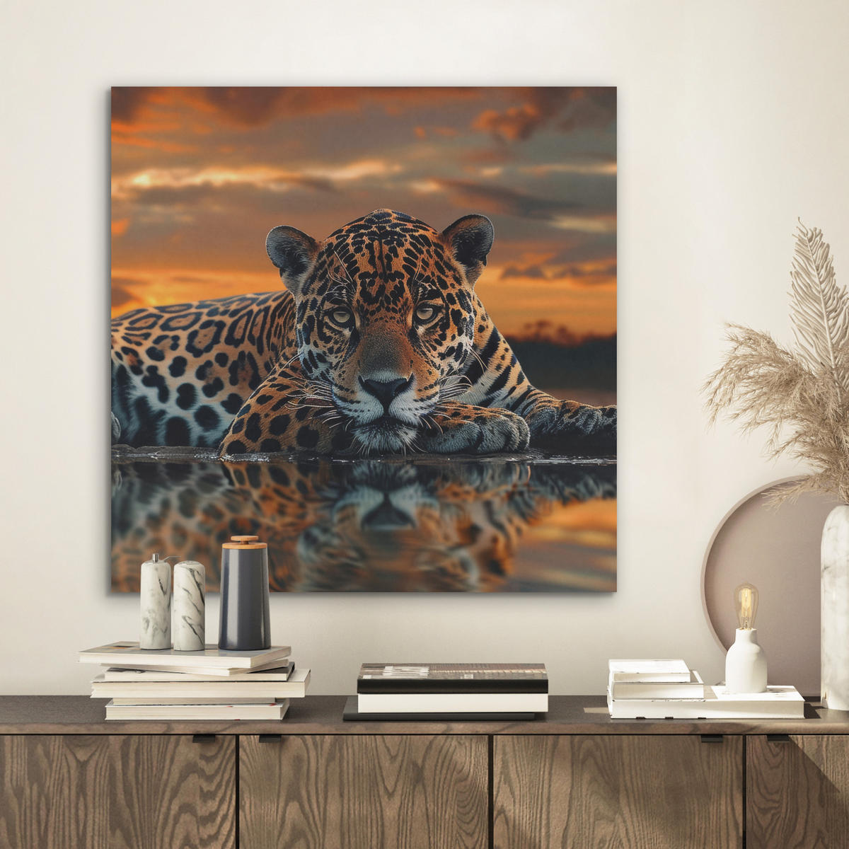 AKUSTIKBILD Natur - Leopard - Tier - Sonnenuntergang - Modern Wandbilder 60x60 cm - Orange, Kunststoff (60/60/0.9cm) - MuchoWow