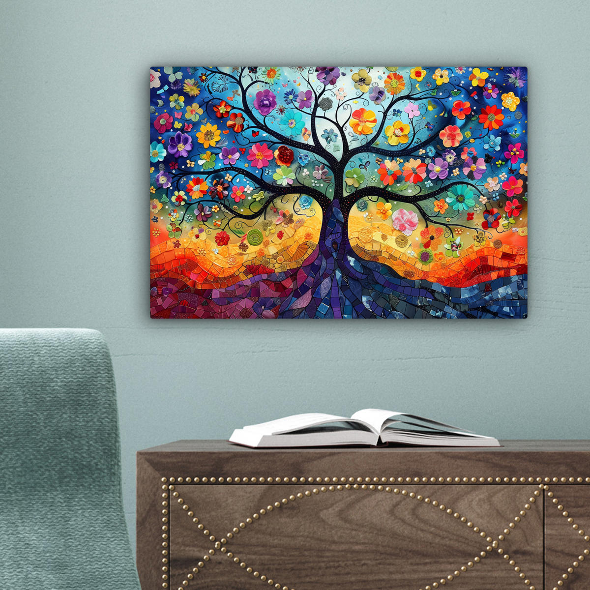 LEINWANDBILD Kunst - Baum des Lebens - Blumen - Hippie 30x20 cm - Dunkelblau, Textil (30/20cm) - MuchoWow