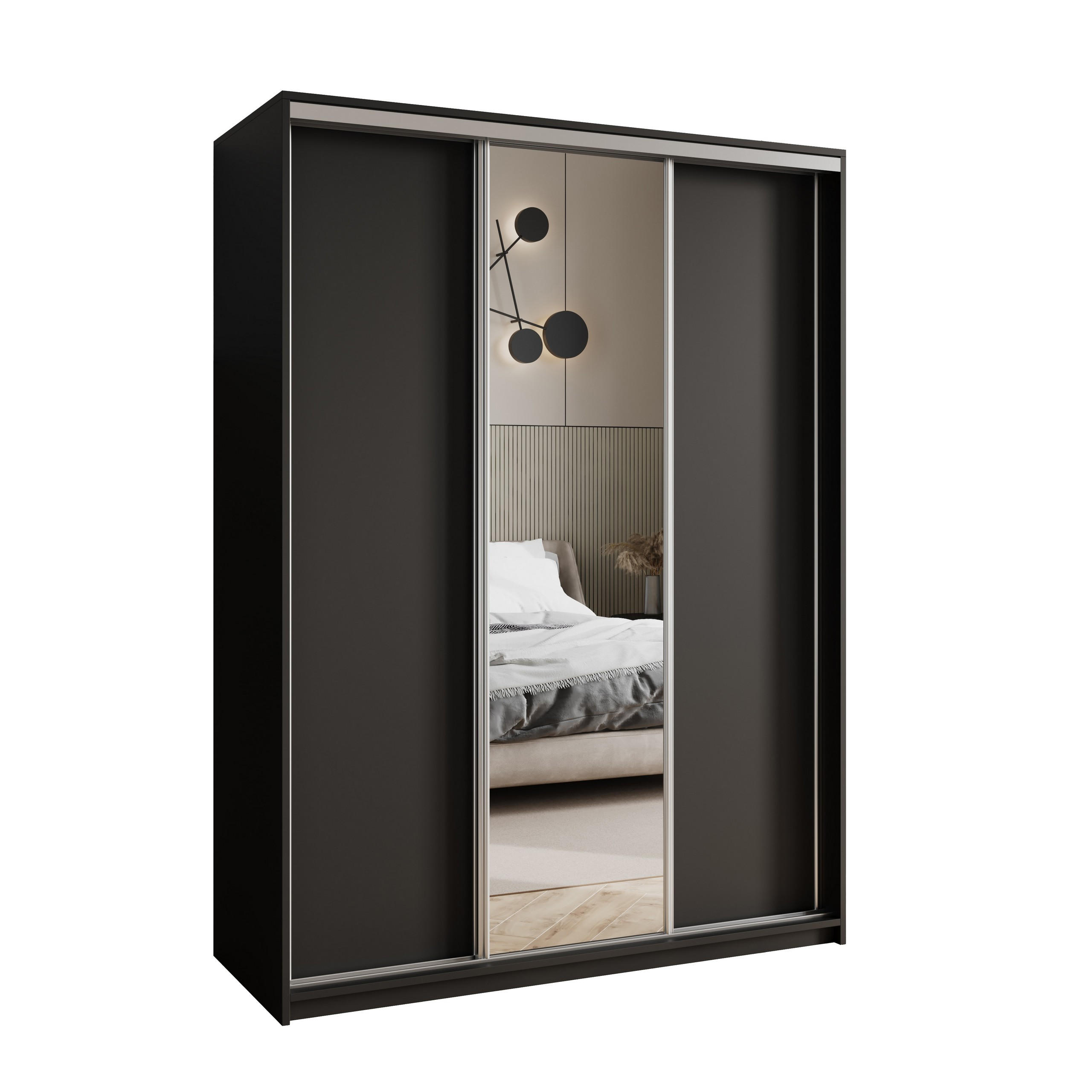 SCHWEBETÜRENSCHRANK TAVI 150/205/60 cm 3-türig mit Spiegel Schwarz - Schwarz, Holzwerkstoff (150/205/60cm) - MASSENO