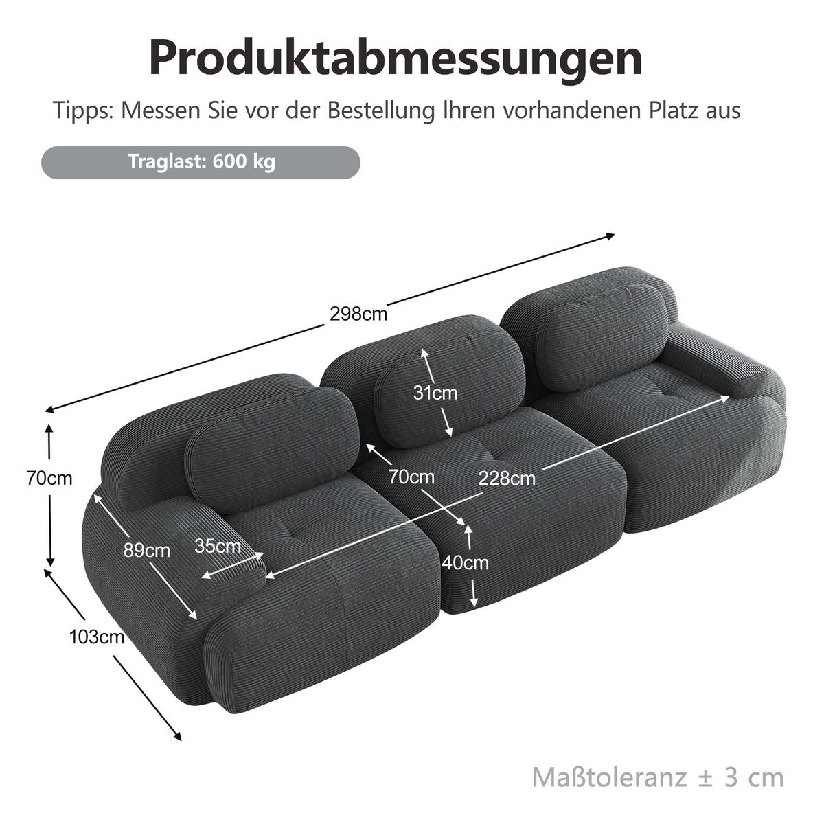 3-SITZER-SOFA DE-34025 modular Grau - Grau, Textil (103/75/298cm) - ComfortXL