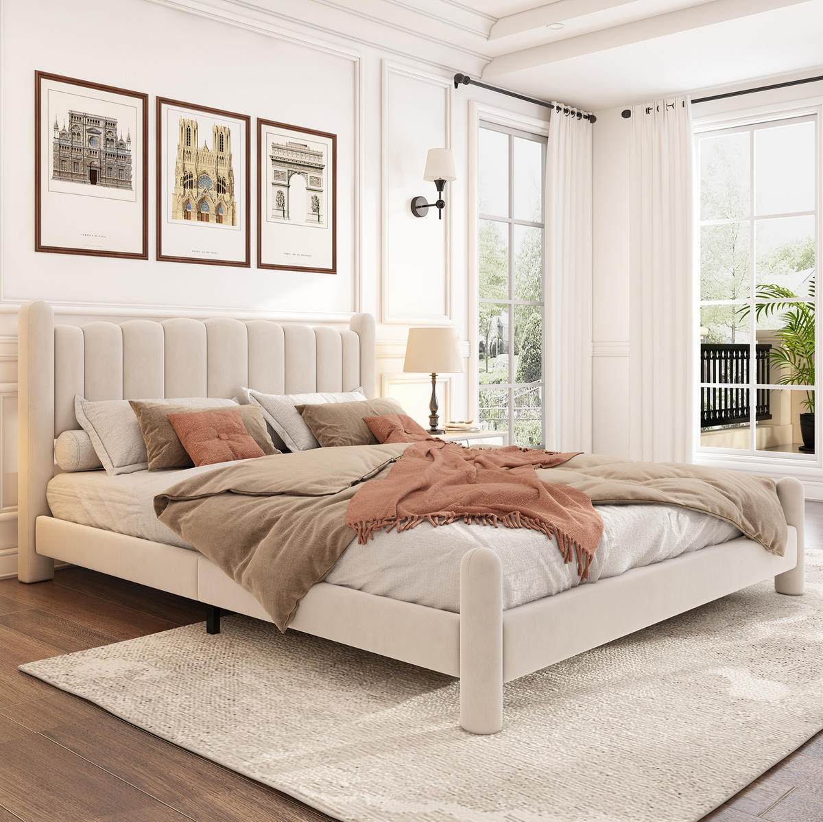 POLSTERBETT aus Samt 160x200 cm Beige mit Lattenrost, Wellen-Kopfteil und zylindrischen Beinen - Beige, Textil (160/200cm) - Modfu