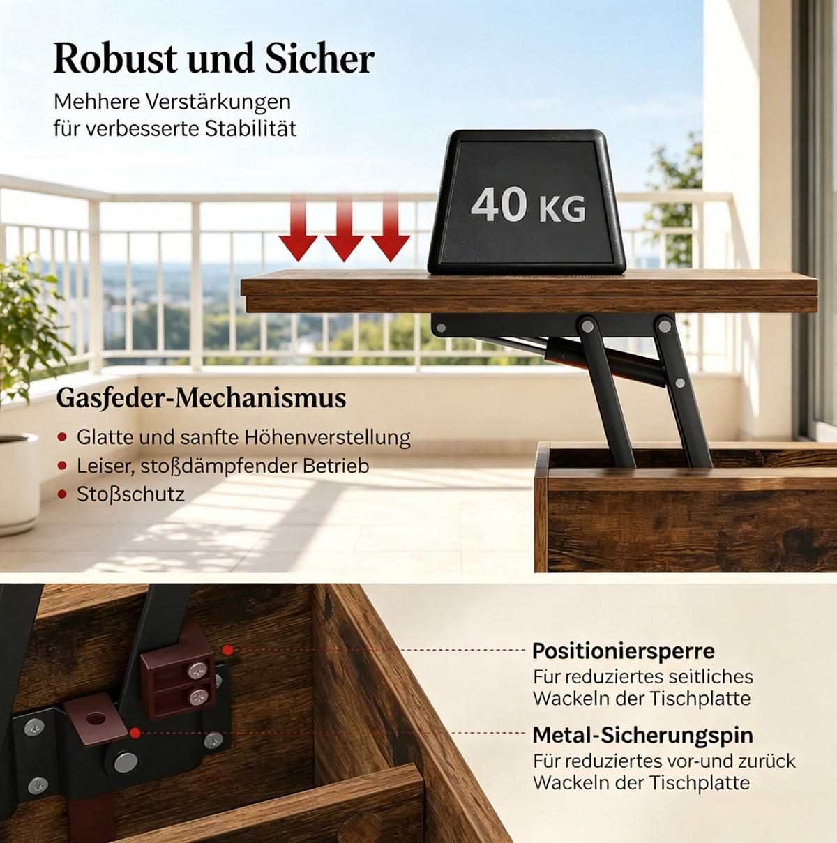 COUCHTISCH aus Holz und Metall 100x50,5x53 cm Rustikalbraun mit höhenverstellbarer Tischplatte und Rollen - Kastanienfarben, Metall (100/50.5/53cm) - IVMEU