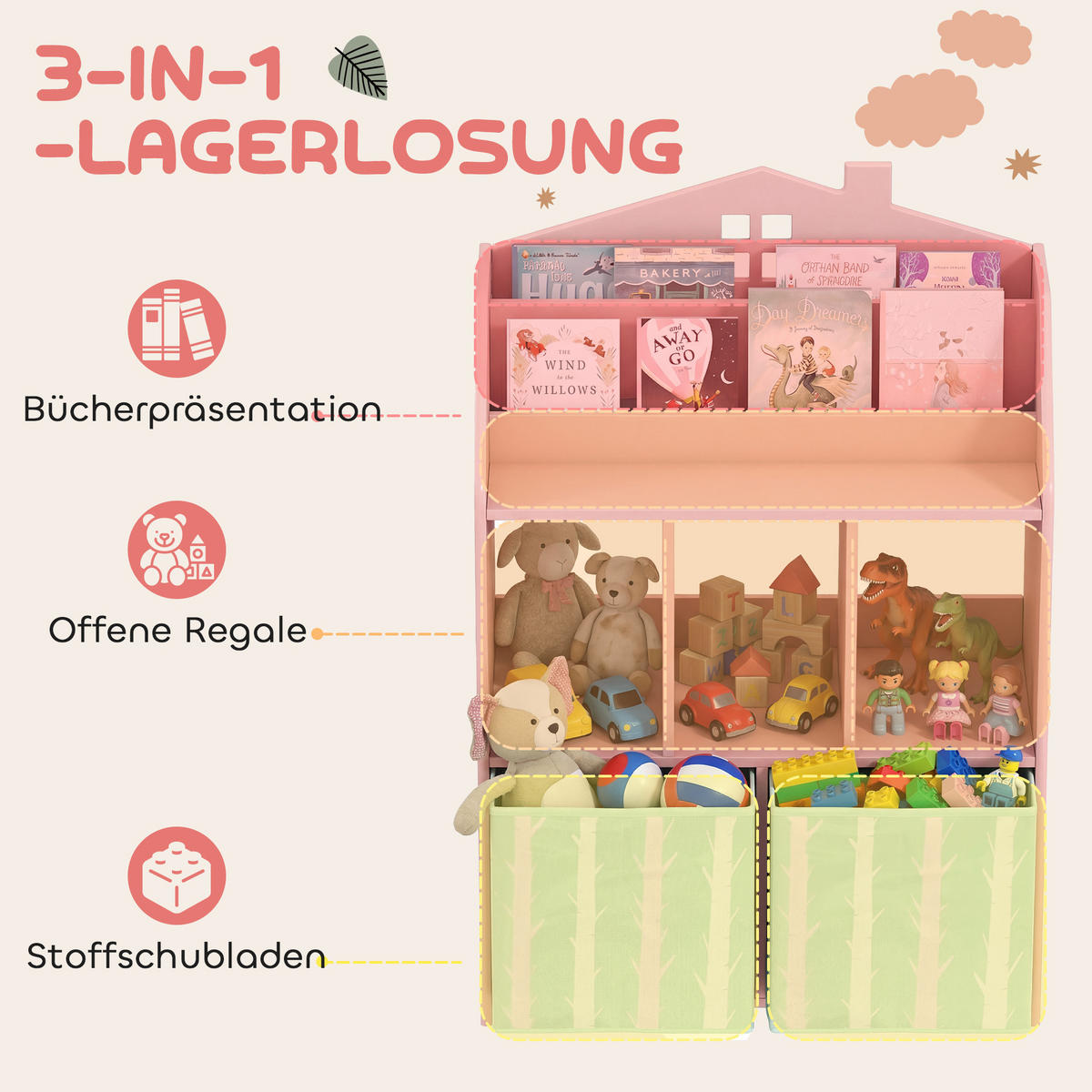 KINDER-BÜCHERREGAL MDF Vliesstoff Rosa - Rosa, Holzwerkstoff/Textil (30/91.5/62.5cm) - AIYAPLAY