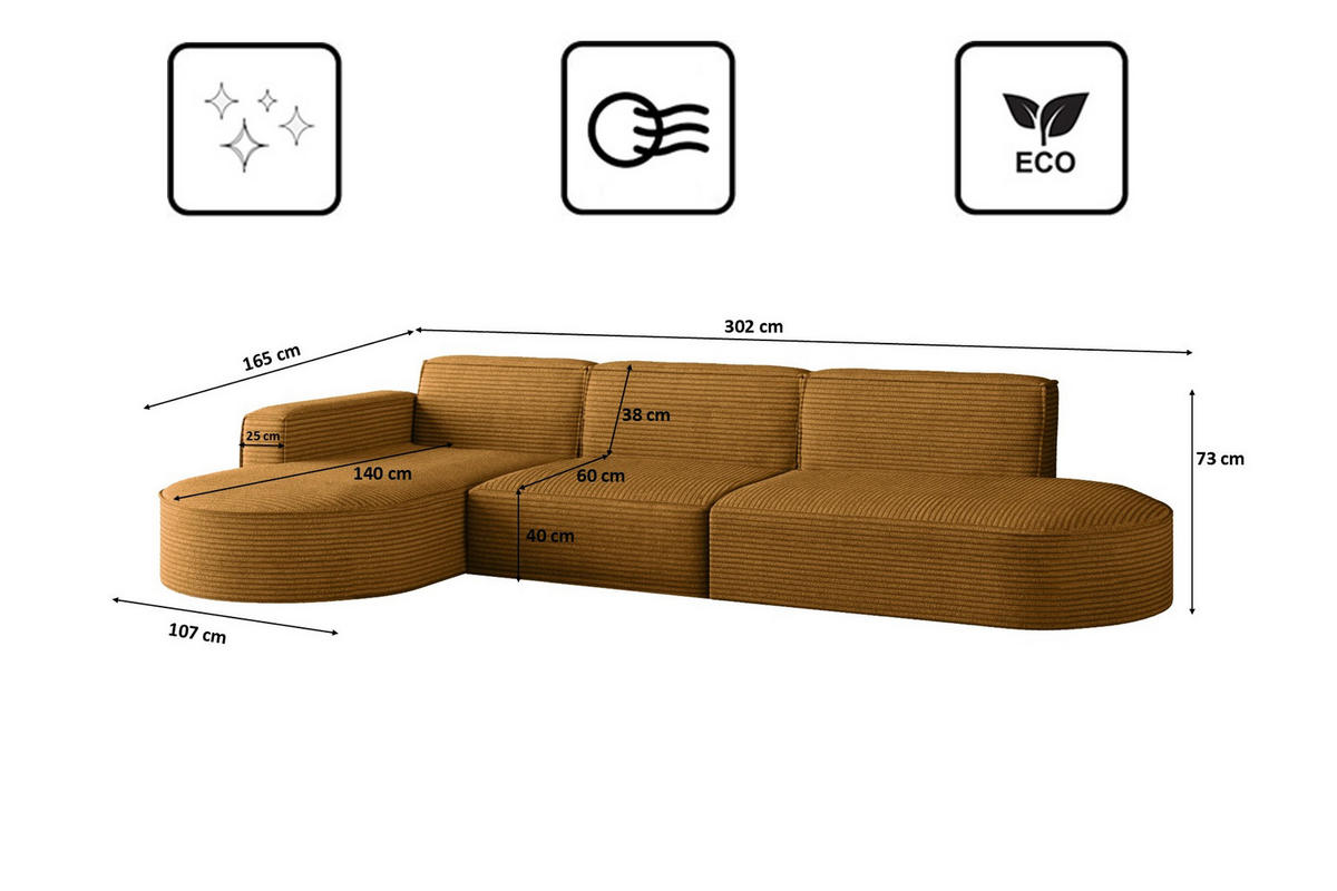 ECKSOFA Designer, Sofa L form MODENA 296cm stoff Poso Senffarbe Links - Gelb, Holz (302/296cm) - Kaiser Möbel