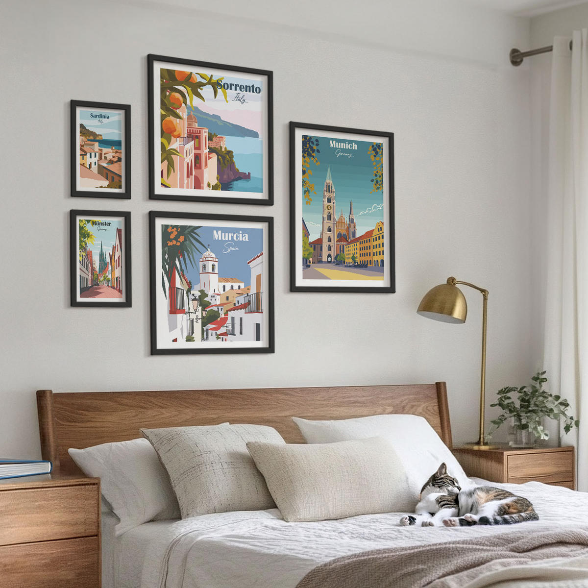 WANDBILDER 5er-Set - 50x50 cm & 20x30 cm & 40x60 cm Schwarzer Rahmen - Retro-Stadtillustrationen - Schwarz, Kunststoff (40/60cm) - ArtPrintCave