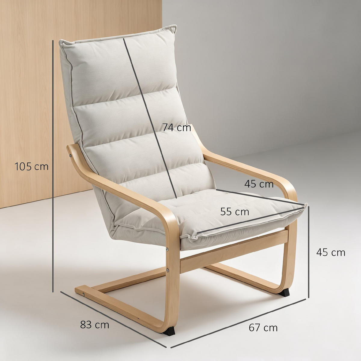 RELAXSESSEL Polyester Cremeweiß - Creme, Holz/Birkenholz (67/105/83cm) - HOMCOM