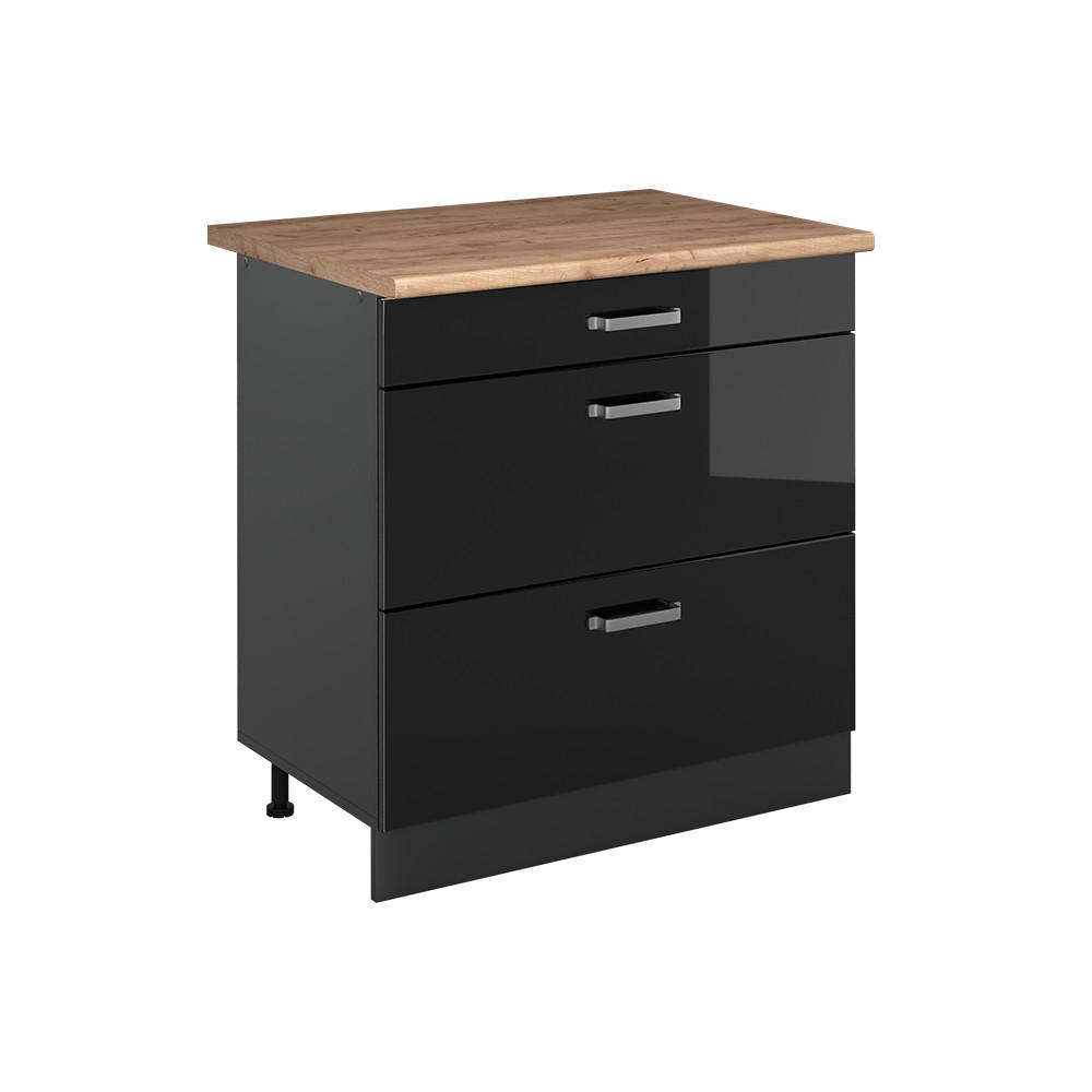 Vicco SPODNÍ SKŘÍŇKA KUCHYŇSKÉ LINKY R-Line, Černý vysoký lesk/Antracit, 80 cm se 3 zásuvkami pracovná doska Dub Goldkraft