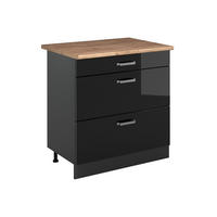 KÜCHENUNTERSCHRANK R-Line, Schwarz Hochglanz/Anthrazit, 80 cm mit 3 Schubladen Arbeitsplatte Goldkraft Eiche - Schwarz Hochglanz/Anthrazit, Holzwerkstoff (80/81.6/60cm) - Vicco