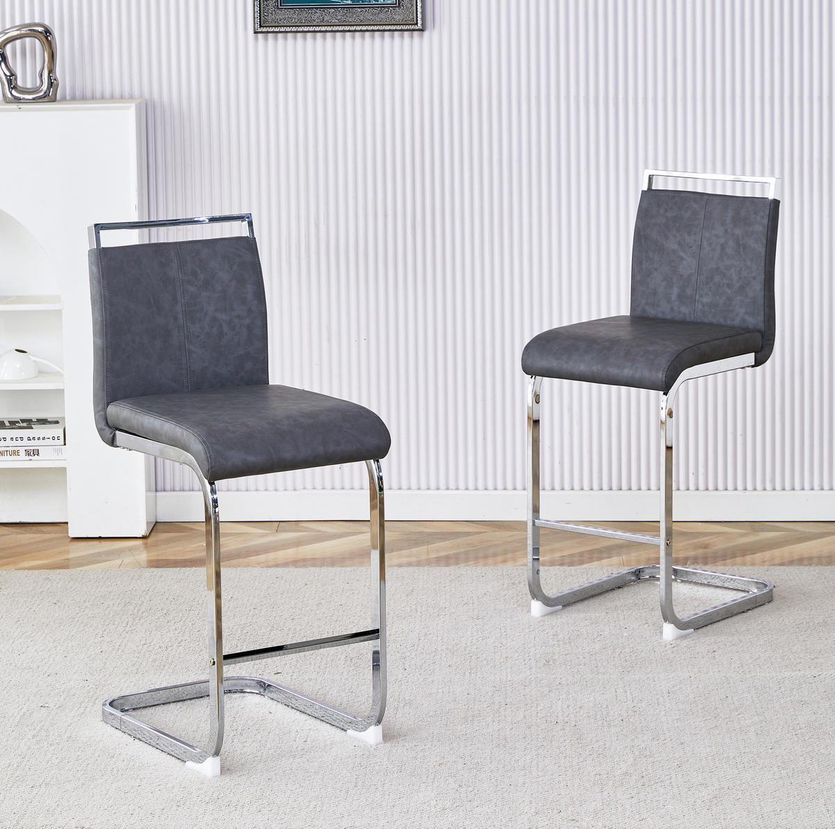 BARHOCKER 2er-Set 96,5 cm PU-Leder Dark Gray Silver - Grau, Metall (46.5/96.5/38.9cm) - Meubliv