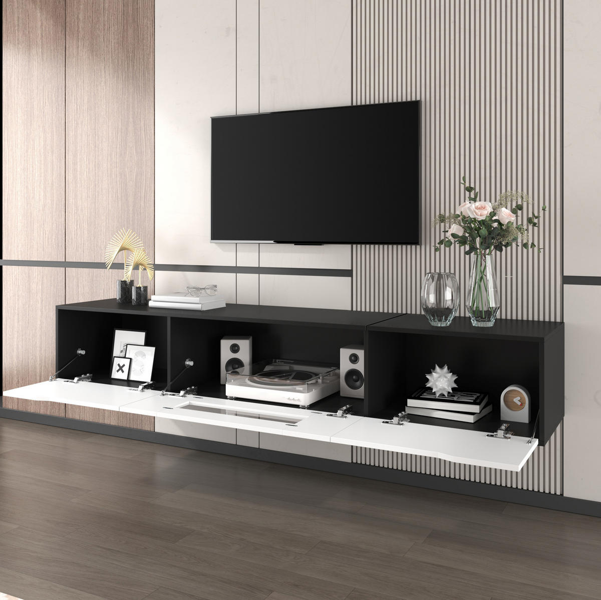 TV-ELEMENT mit LED-Beleuchtung 180 cm Hochglanz Schwarz Weiß - Schwarz, Holzwerkstoff (35/30/180cm) - Beauniv