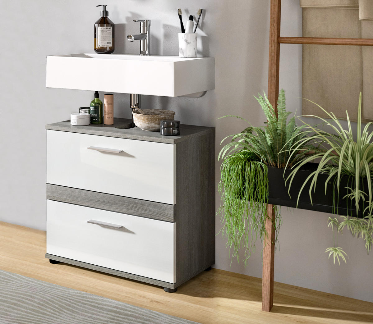 WASCHBECKENUNTERSCHRANK Blake Bad in Rauchsilber Nb. und weiß hochglanz B/H/T: 60x57x34 cm - Silberfarben, Holz (60/57/34cm)