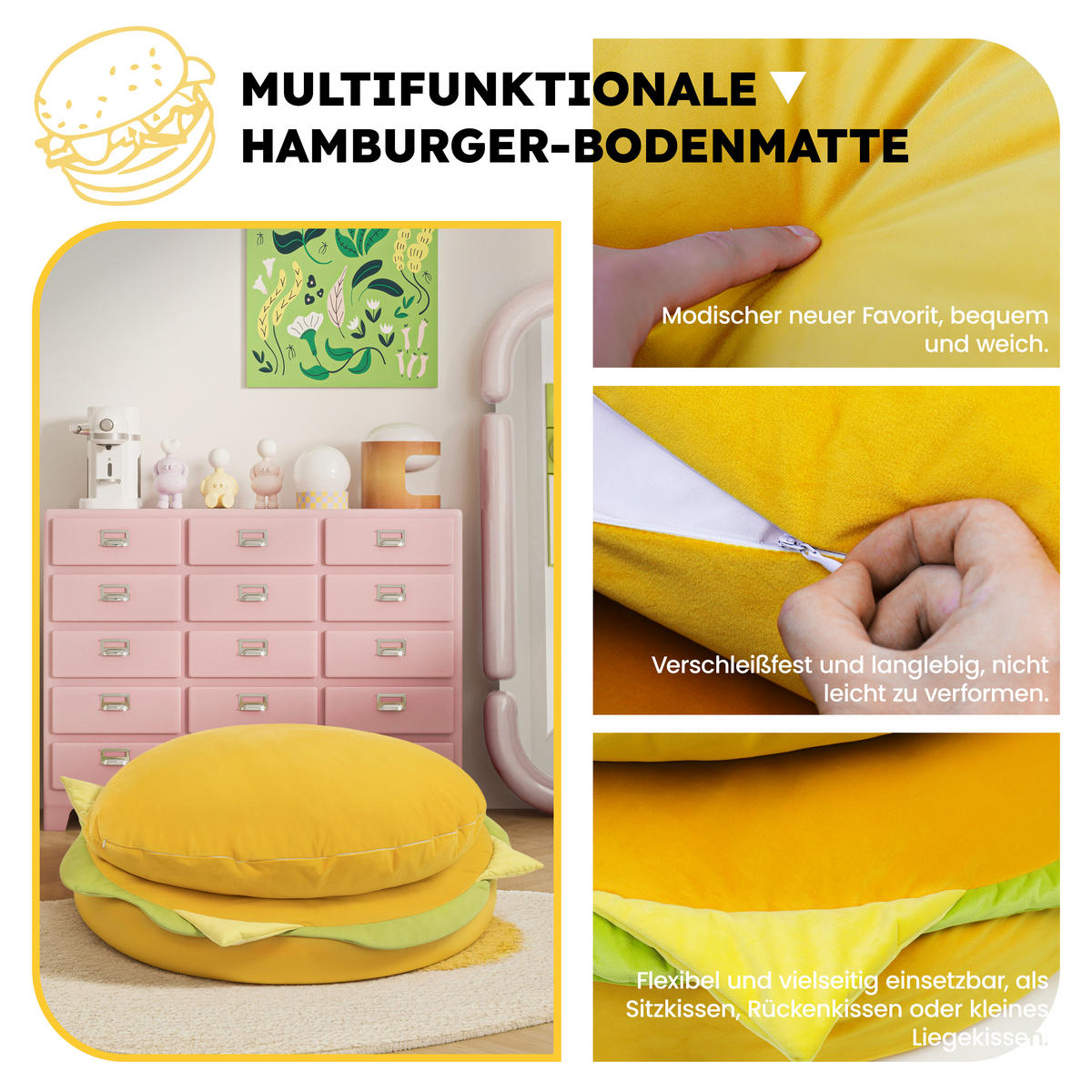 BODENSOFA Kissen in Hamburgerform - Gelb, Textil (90/90/21cm) - Vercart