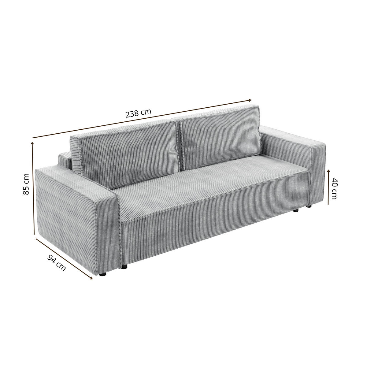 SCHLAFSOFA BRIK 3-Sitzer Cord Poso Grau - Schlaffunktion DL & Bettkasten - Grau, Textil (238/94/94cm) - Excellent Home