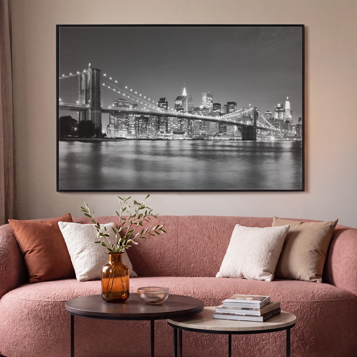 LEINWAND Bilder mit Rahmen - New York - Brücke - Brooklyn - Schwarz und weiß - Architektur - 150x100 - Schwarz, Textil (150/100cm) - MuchoWow