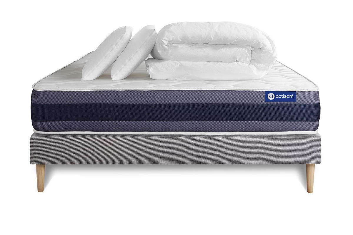 BETT Actiflex morpho Taschenfederkern und Memory-Schaum 160 x 200 cm h1 - Kit Bettgestell Grau - Mit Kissen und Bettdecke - Beige/Grau, Holz/Textil (160/200cm) - ACTISOM