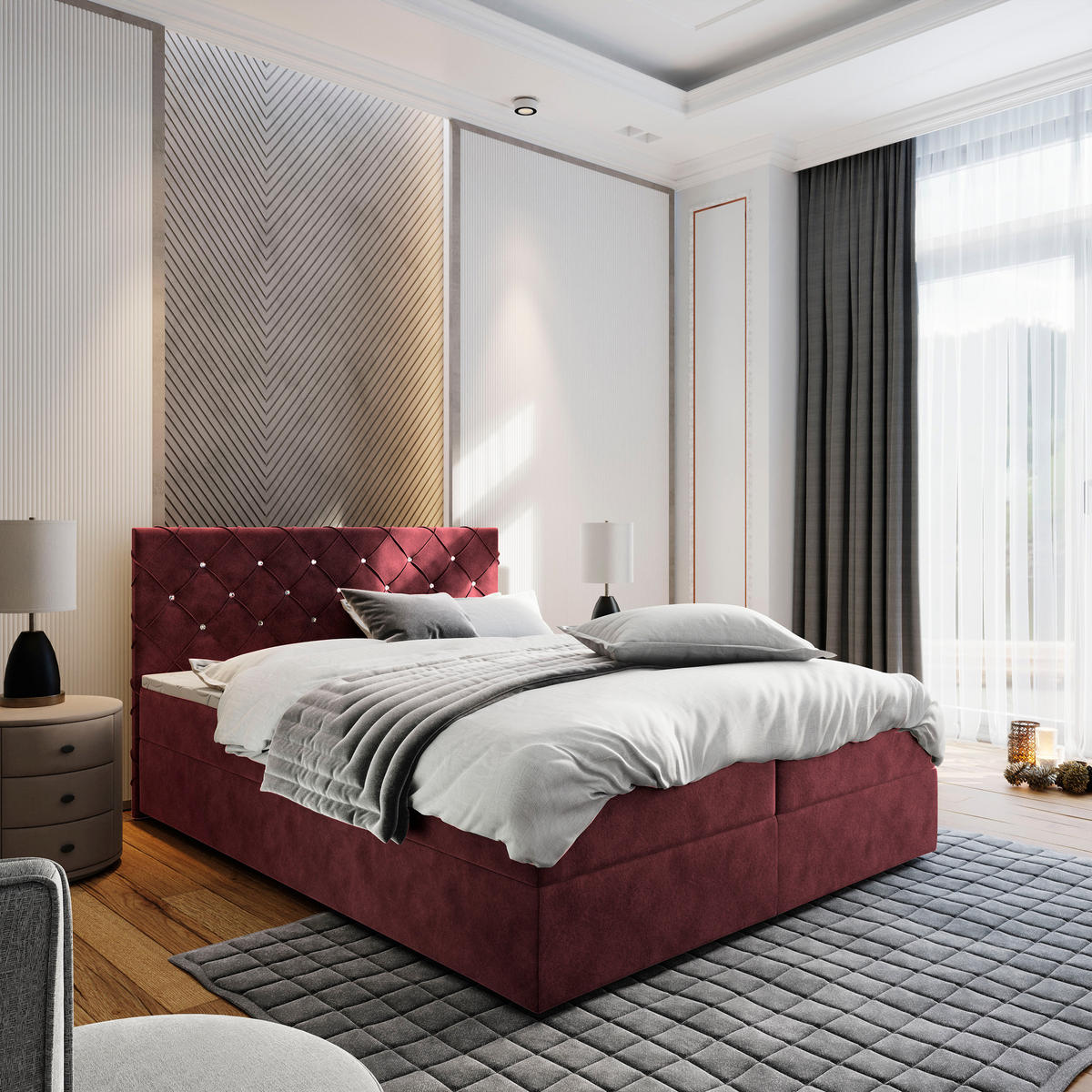 BOXBETT RIVA 180x200 cm mit Matratze und Topper, H2+H3 - Rot - Rot, Holz (180/200cm) - MASSENO