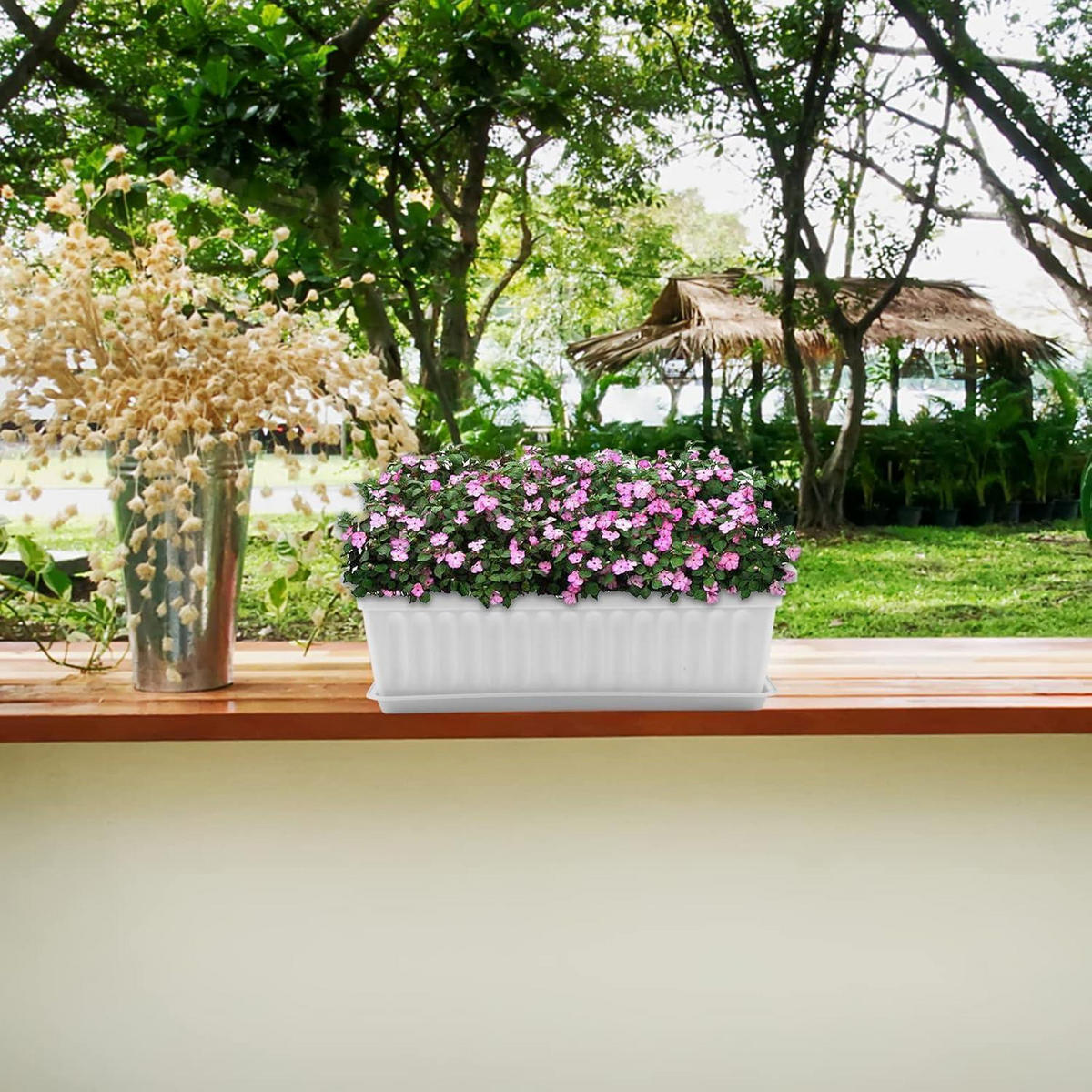 BLUMENKASTEN 4 Stück 43 cm Weiß mit Tabletts und Pflanzenetiketten - Weiß, Kunststoff (19/18/43cm)