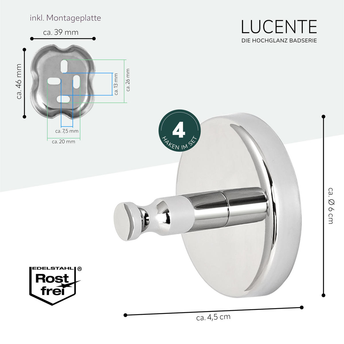 HANDTUCHHAKEN LUCENTE 4er Set, Edelstahl verchromt - Chromfarben, Metall (6/6/4.5cm) - bremermann