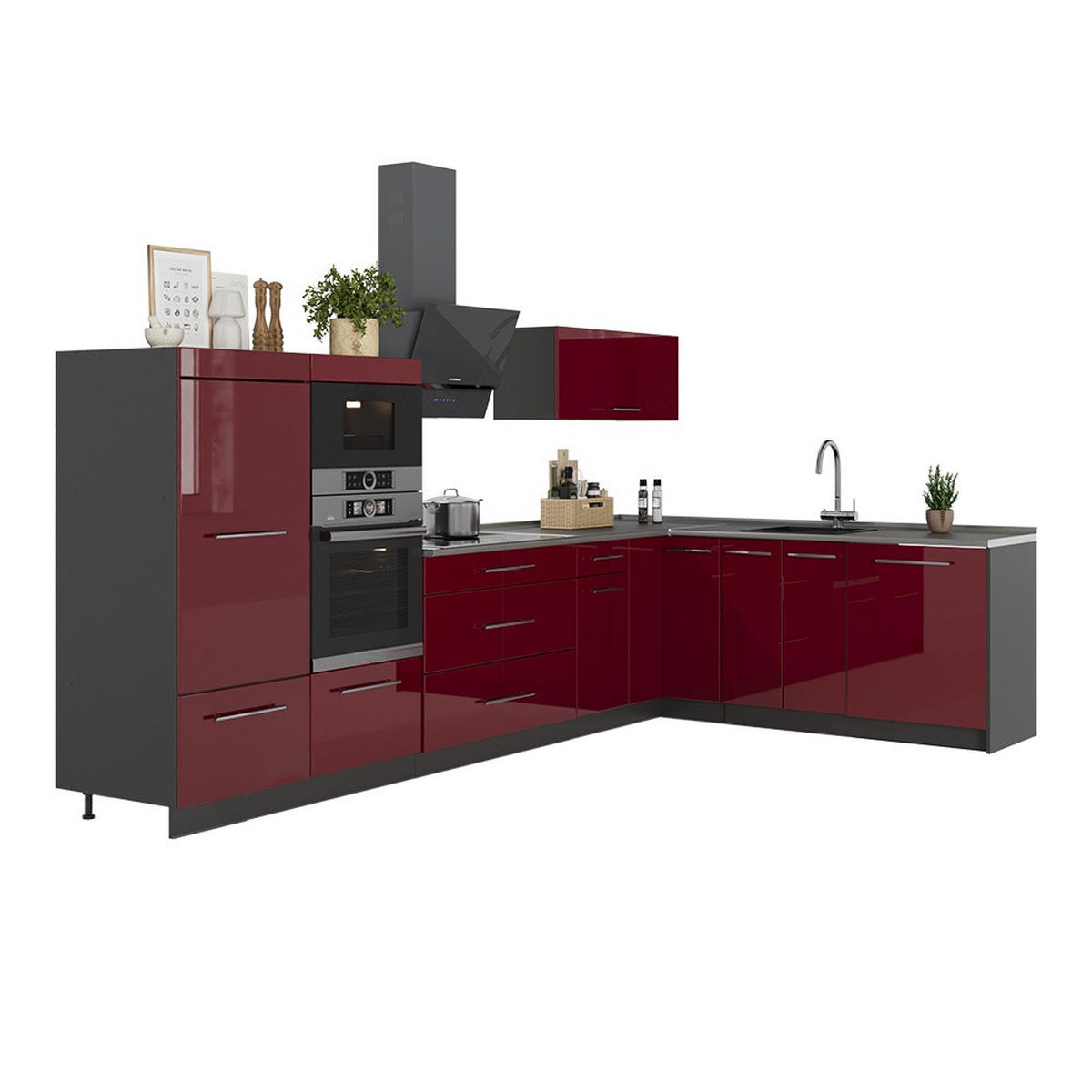 KUHINJA U OBLIKU SLOVA L Fame-Line, Bordo visokog sjaja/Antracit, 347 x 207 cm, RP Antracit - bordo/antracit, drvni materijal (347/153.6/60cm) - Vicco
