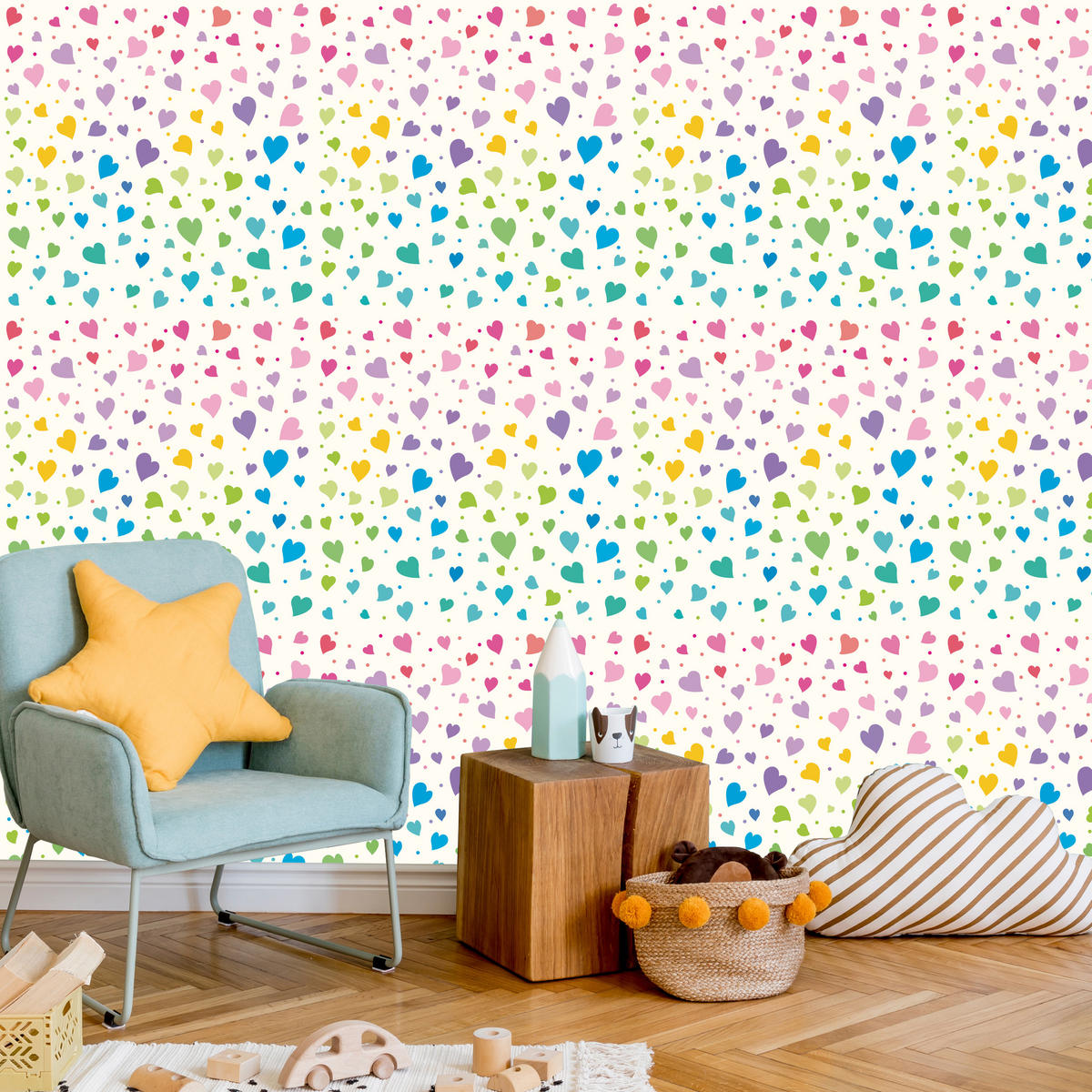 VLIESTAPETE Bunte Herzen im Boho-Stil – Bunt, Weiß – 50x1000 cm - Multicolor/Weiß, Papier (50/1000cm) - Muralo