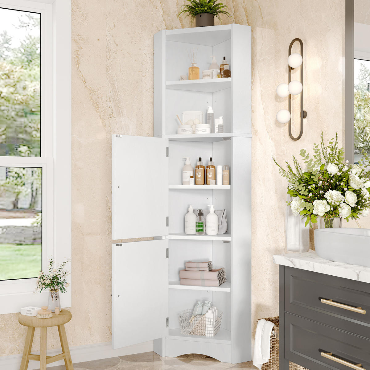 BADEZIMMERSCHRANK 51.7x32x155.4cm in Weiß, feuchtigkeitsbeständig mit 2 Türen - Weiß, Holzwerkstoff (32/155.4/51.7cm) - Modfu