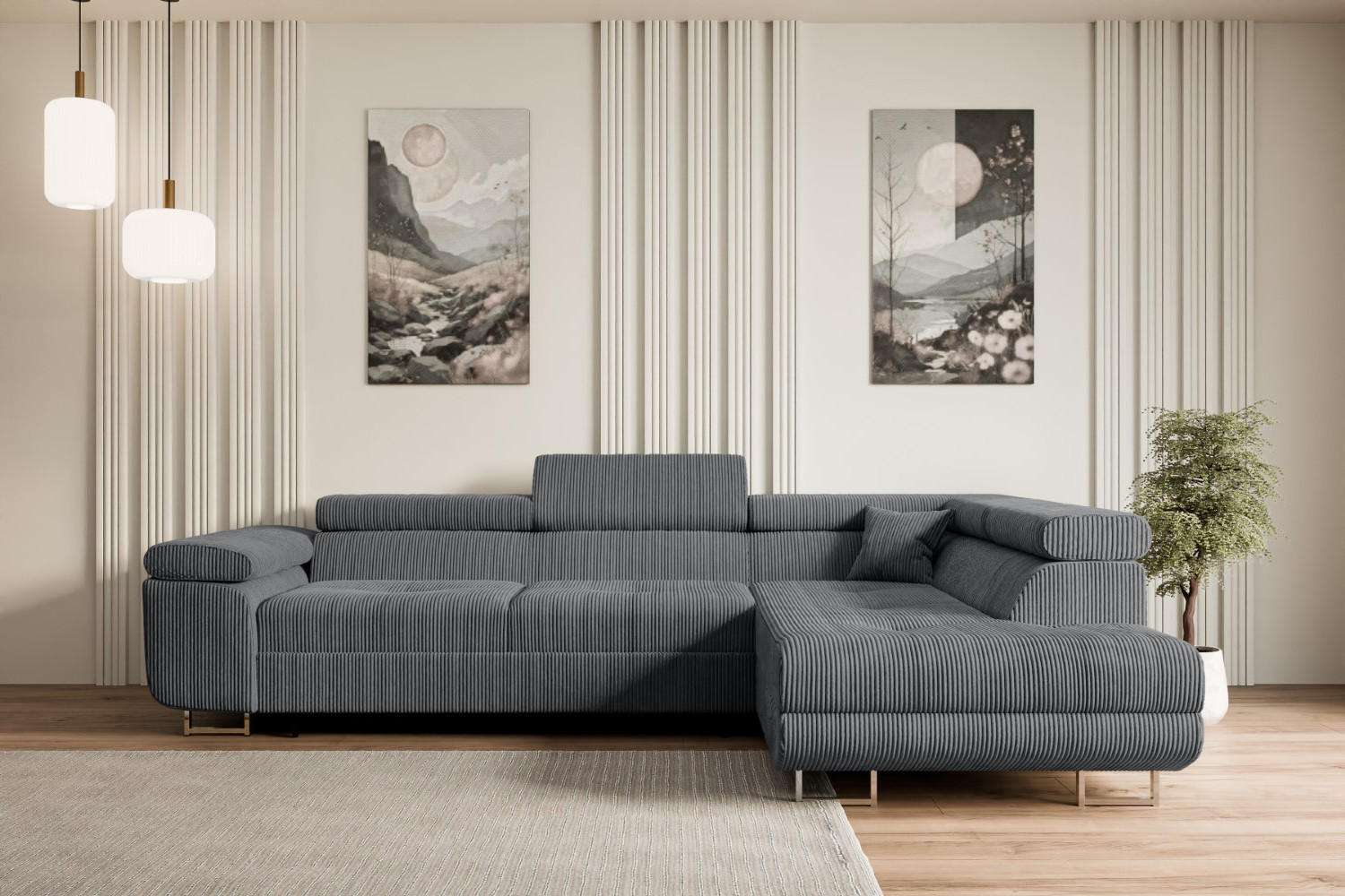 ECKSOFA mit Schlaffunktion und Bettkasten GUSA-L 272x202x107 cm Grau Cord - Dunkelgrau/Silberfarben, Holzwerkstoff/Textil (272/202cm) - ALTDECOR
