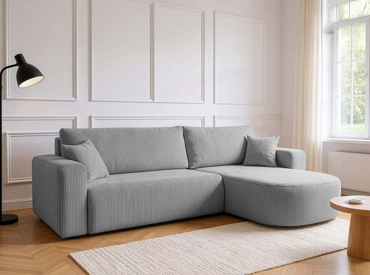 ECKSOFA mit Schlaffunktion Teeo L-Form universal mit Bettkasten Hellgrau Cord - Hellgrau/Schwarz, Kunststoff/Textil (275/170cm) - Homebook