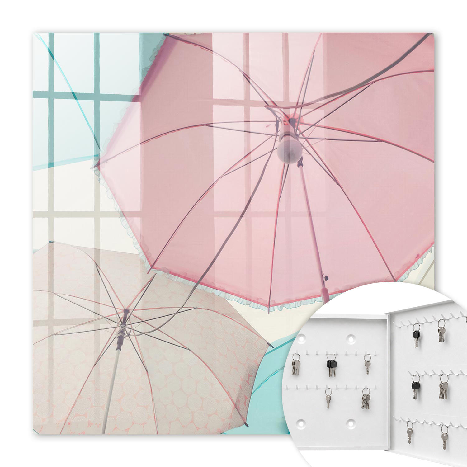 SCHLÜSSELBOX Weiß 30x30 cm – Türöffnung nach rechts - Pastellfarbene Regenschirme - Pink, Metall (30/30/5cm) - TULUP
