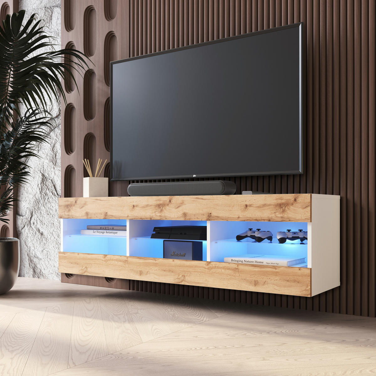 LOWBOARD TIVOLI RTV 140, Wotan, LED Blau - Eiche Wotan/Weiß, Glas/Holzwerkstoff (140/40.5/35.5cm) - Komodee