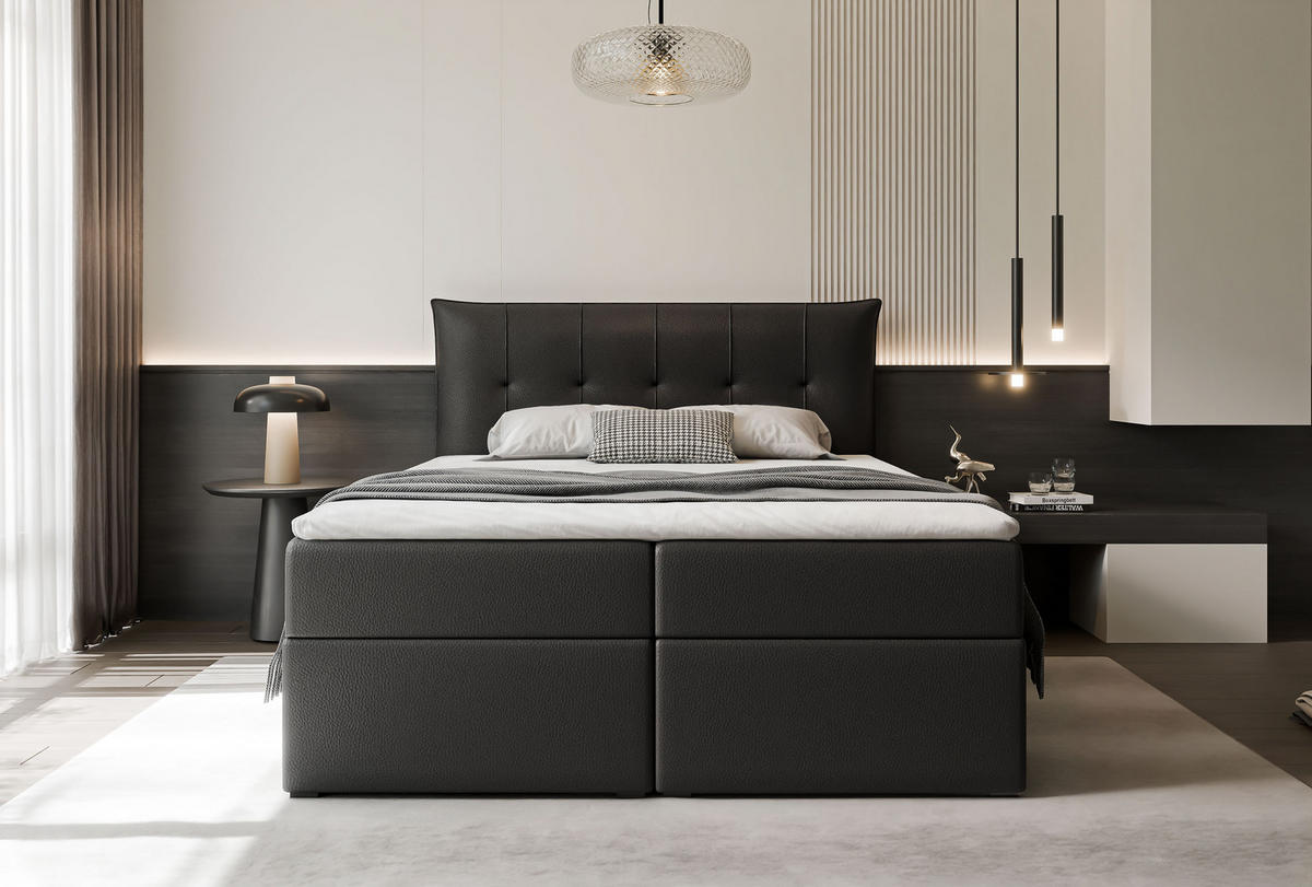 BOXBETT CHESTER 180/200 cm mit Matratze und Topper, Schwarz - Schwarz, Holzwerkstoff/Textil (180/200cm) - Idohome
