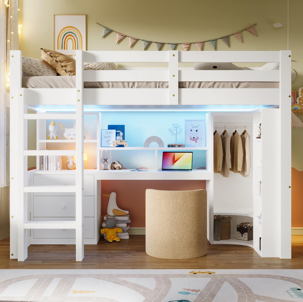 HOCHBETT 90/200 cm in Weiß mit LED-Beleuchtung, Schreibtisch und Kleiderschrank - Weiß, Holzwerkstoff (90/200cm) - Flora Grace