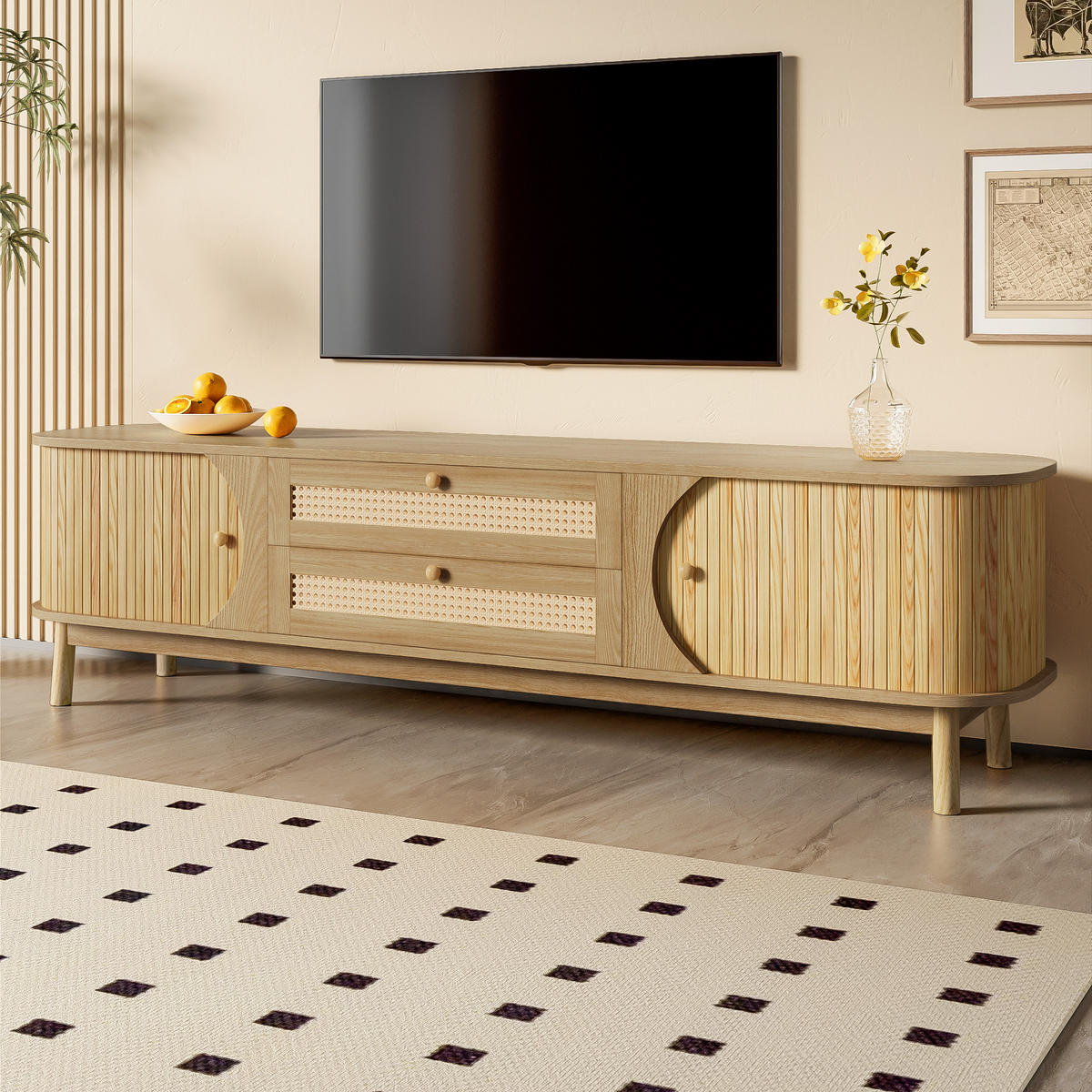 TV-SCHRANK Holz Rattan Türen Schubladen Landhaus modern - Naturfarben, Holzwerkstoff (39.5/46/170cm) - FLIEKS