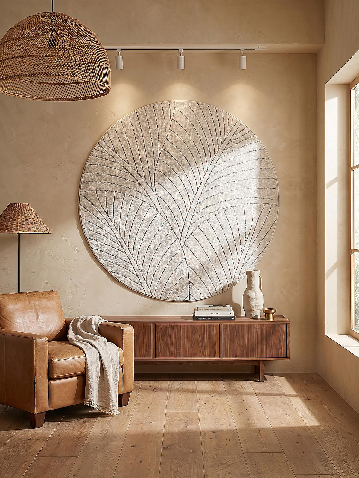 TEPPICH Outdoor, Fußbodenheizung-geeignet, mit Blattmotiv, ENGADIN in Creme, Ø 200 cm - Creme, Textil (200/200cm) - KADIMA DESIGN