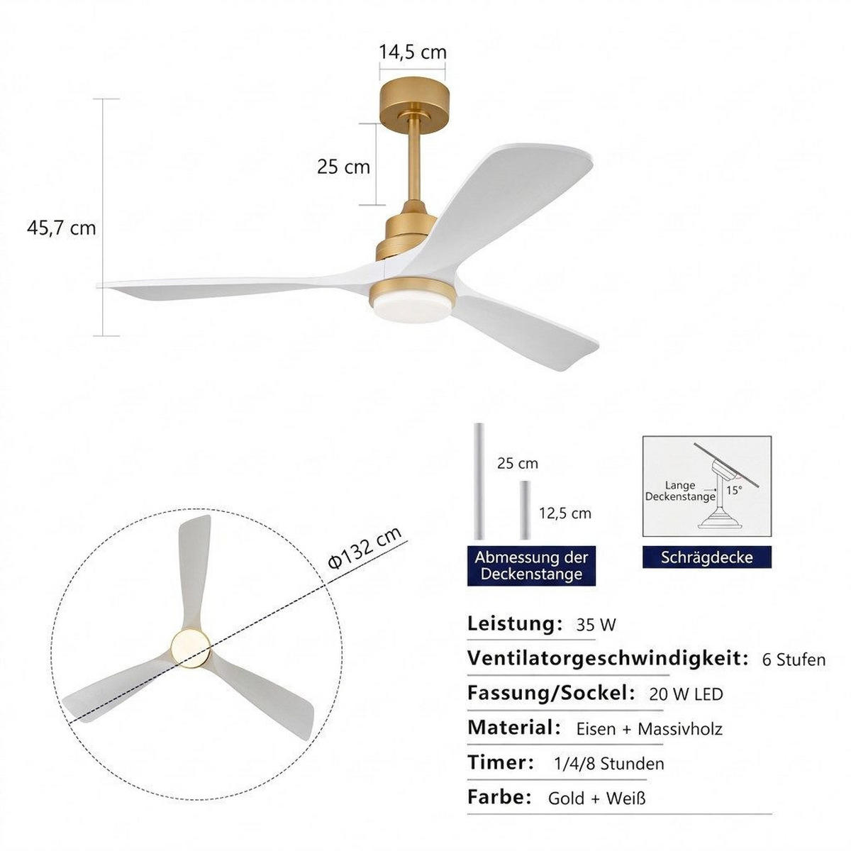 DECKENVENTILATOR & LED Beleuchtung Vor-/Rücklauf reversibler DC-Motor - Weiß, Metall (132/132/45.7cm) - BEXEVUE