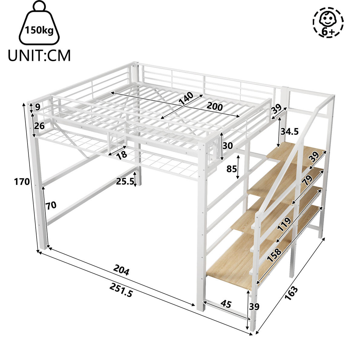 HOCHBETT 140/200 cm in Weiß mit Stufenregal, LED und Aufbewahrungskorb - Weiß, Holzwerkstoff/Metall (140/200cm) - WISHDOR